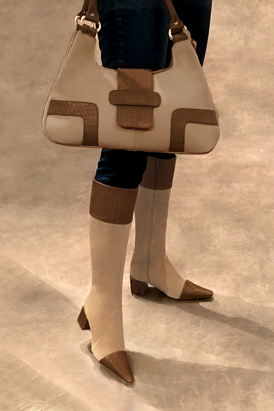 Caramel brown and tan beige women's feminine knee-high boots. Tapered toe. Medium block heels. Made to measure. Worn view - Florence KOOIJMAN